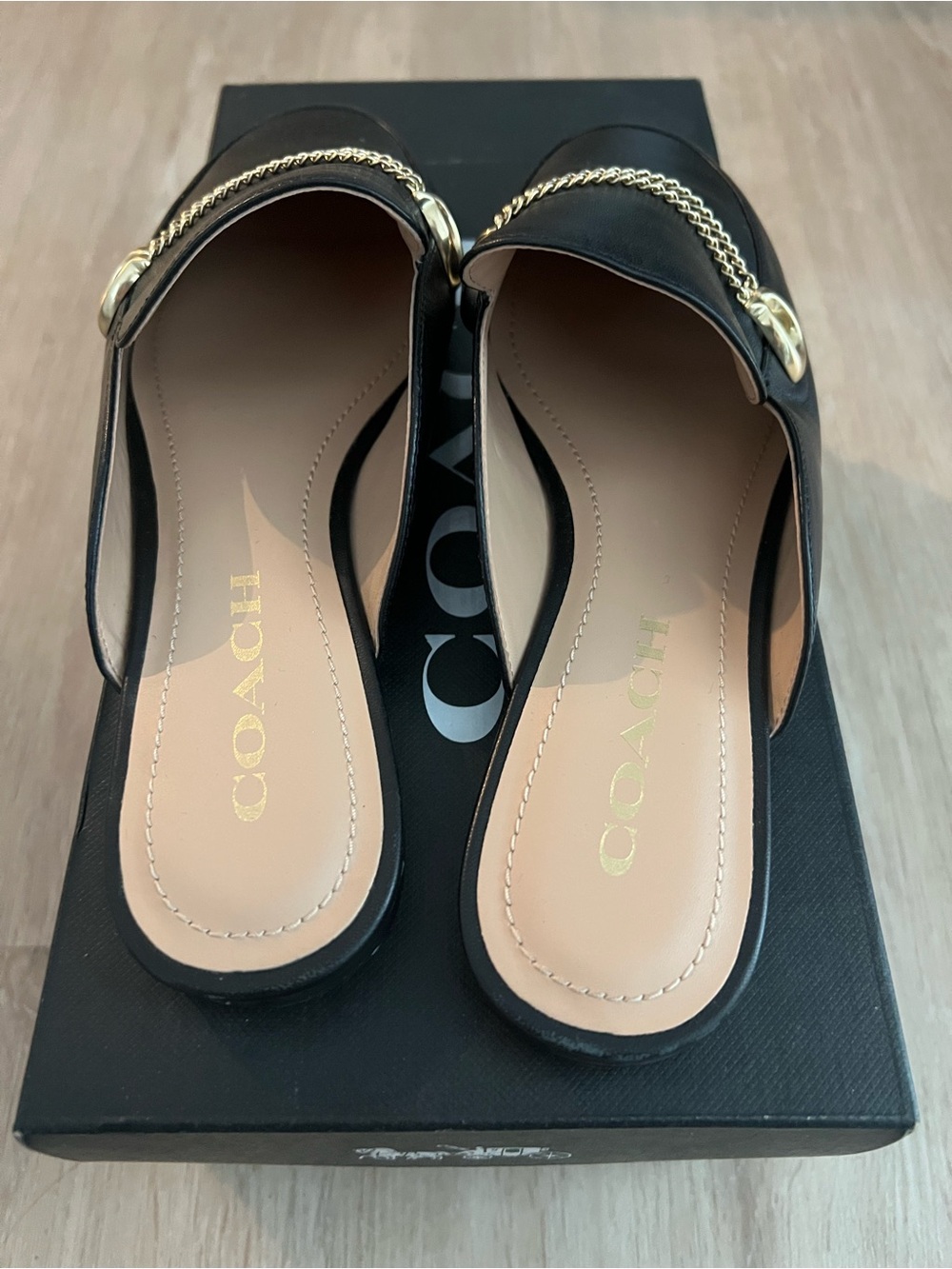 Coach Black Leather Slip-On Mules with Gold Chain Accent - Picture 2 of 6